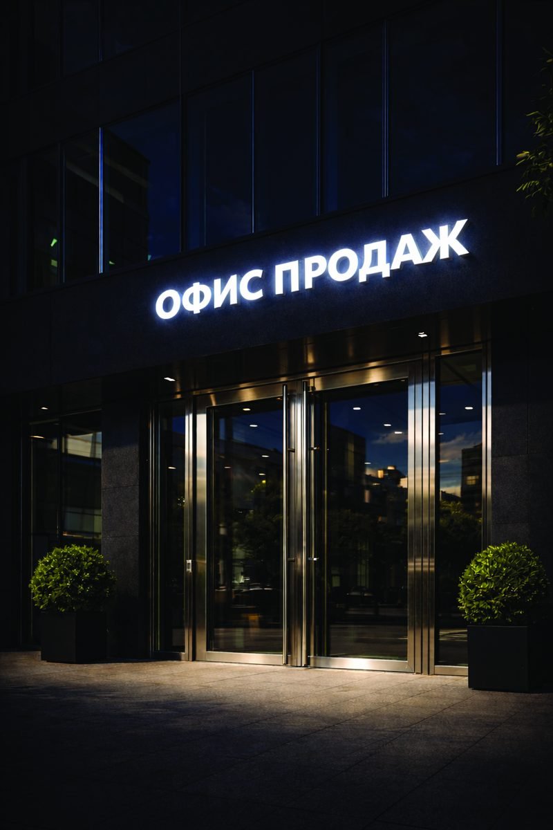 Ночью та же вывеска светится ярким белым